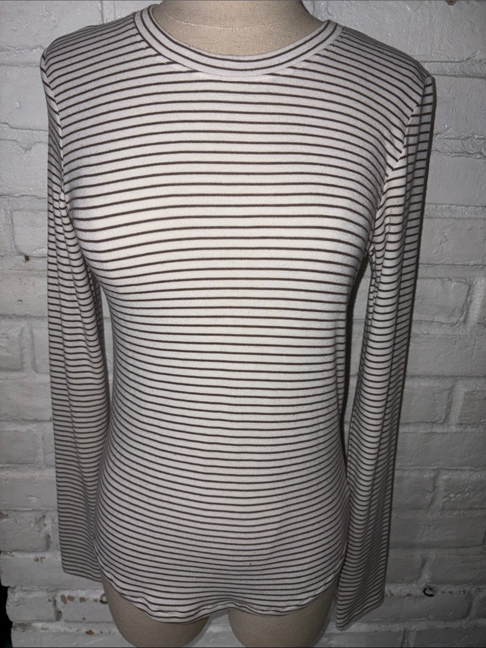 NWOT American Eagle Striped Long-Sleeve Crewneck Top in Cream and Brown Size L